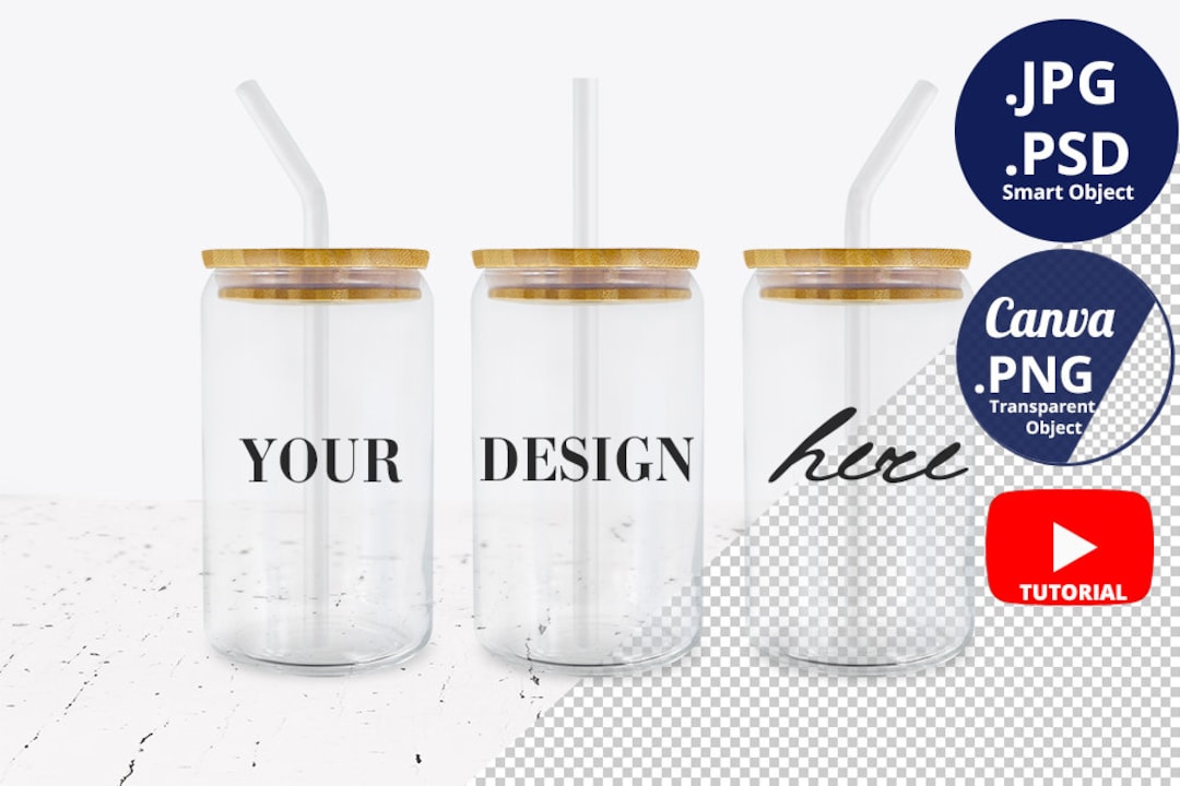 16oz Libbey Glass Can with Bamboo Lid Mockup - Digital Download Glass  Mockup - Wrap Libbey Mock Up - Glass cup can Template