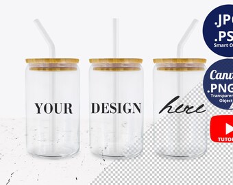16oz Glass Can Mockup Full wrap, 3 can glasses Mockup, Libbey glass can mockup, Beer can glass mockup, Transparent PNG Canva mockup 1290