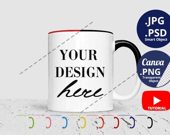 11oz Mug color handle & rim inside Mockup Bundle, Full wrap Mug Mockup optional color, Mug colored handle rim inside Mockup Bundle PSD 1472