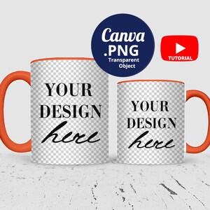 11oz & 15oz Mug mockup orange rim and handle Canva PNG, 15 oz and 11 oz Mug colored handle and rim Mockup Canva transparent PNG, 1520c