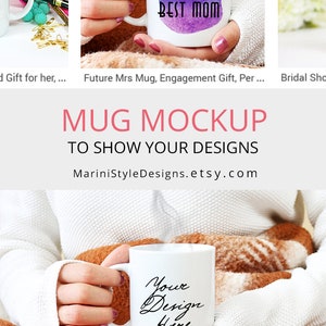 May include: White ceramic mug with the text "World's Best Mom" in a purple and blue watercolor design. The mug is held by a person wearing a white sweater. The image also shows a mug with the text "Your Design Here".