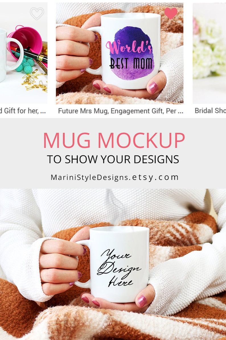 May include: White ceramic mug with the text "World's Best Mom" in a purple and blue watercolor design. The mug is held by a person wearing a white sweater. The image also shows a mug with the text "Your Design Here".