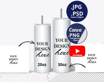 20oz & 30oz Skinny Tumbler Mockup with Full Wrap Views Mockup, 20oz 30oz Tumblers and Two design boards Mockup PSD Smart Object, PNG, 1311