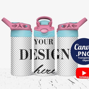 Full wrap 12oz kids water bottle Mockup pink blue lid, 3 12oz Sippy cups Mockup, Toddler tumbler Canva Mockup PNG transparent, 1534c
