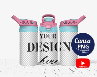 Full wrap 12oz kids water bottle Mockup pink blue lid, 3 12oz Sippy cups Mockup, Toddler tumbler Canva Mockup PNG transparent, 1534c