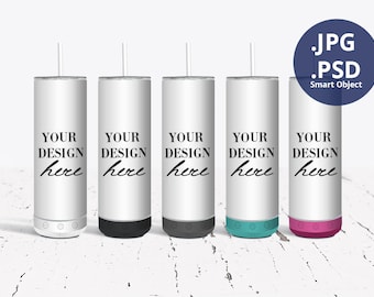 5 Speaker Tumblers Mockup, Bluetooth Tumblers mockup, 20oz Skinny Speaker Tumbler Mockup, White Black Gray Pink & Green, PSD, 1285-B
