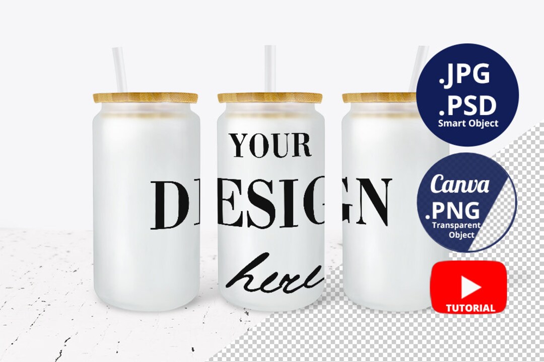 16oz Frosted Glass Can Mockup Full Wrap, 3 Matte Can Glasses Mockup
