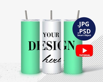 Full wrap 20oz Skinny Tumbler Mockup Glow in the dark, 3 Views Skinny Tumbler Glow in the dark Mockup, Mockup PSD Smart Objects, 1536