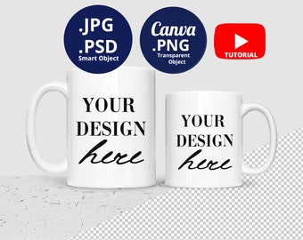 11oz & 15oz Mug mockup PSD PNG, Two Mugs Mockup 11oz and 15oz, 2 White Mugs Mockup, 15oz and 11oz ceramic mug mockup Smart Object, 1516