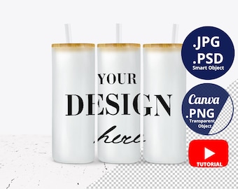 Full wrap 25oz Frosted Glass Skinny tumbler Mockup, 3 Glass skinny tumblers mockup, Libbey glass can mockup, Beer can glass mockup PSD 1413