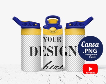 Full wrap 12oz kids water bottle Mockup yellow blue lid, 3 12oz Sippy cups Mockup, Toddler tumbler Canva Mockup PNG transparent, 1533c