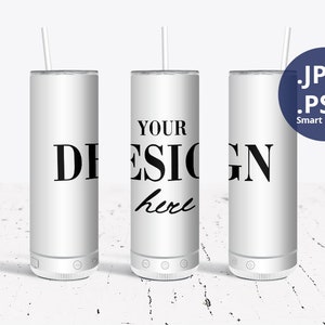 20oz Skinny Tumbler with Bluetooth speaker Mockup Full wrap, 3 Straight Bluetooth Speaker Tumblers Mockup, PSD Smart Object mockup, 1285
