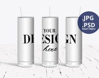 Maqueta de vaso delgado de 20 oz con altavoz Bluetooth Envoltura completa, Maqueta de 3 vasos rectos con altavoz Bluetooth, Maqueta de objeto inteligente PSD, 1285