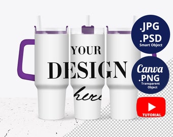 40oz Tumbler with purple handle and lid Mockup, Full wrap 3 views 40oz Tumblers Mockup colored handle & lid, Mockup PSD Smart Objects 1531