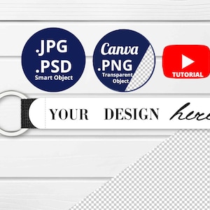 Op de afbeelding: Witte rechthoekige sleutelhanger met de tekst "YOUR DESIGN here" in het zwart. De sleutelhanger heeft een zilveren ring en een zwarte stoffen lus. Drie donkerblauwe cirkels met witte tekst en een rood YouTube-tutorial-pictogram staan op de achtergrond.
