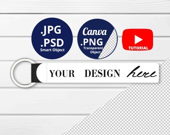 Fabric Wrist fob Mockup PSD Smart Object, Neoprene keychain Mockup, Wristlet keychain Mockup PSD PNG Canva, Minimalist background 1505