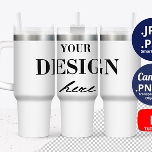 May include: Three white stainless steel tumblers with a silver lid and a straw. The middle tumbler has the text "YOUR DESIGN here" printed on it.
