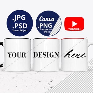 Mug Rim Design 11oz Mug Color Handle & Rim Inside Mockup Bundle, Full Wrap 3 Mugs ...