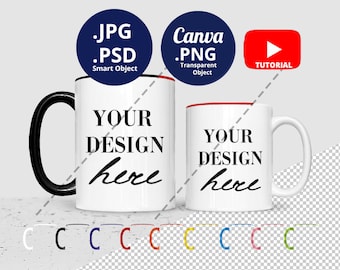 11oz & 15oz Mug color handle and rim inside Mockup Bundle, 11oz 15oz Mug Mockup optional color, Mug colored handle rim Mockup PSD 1515