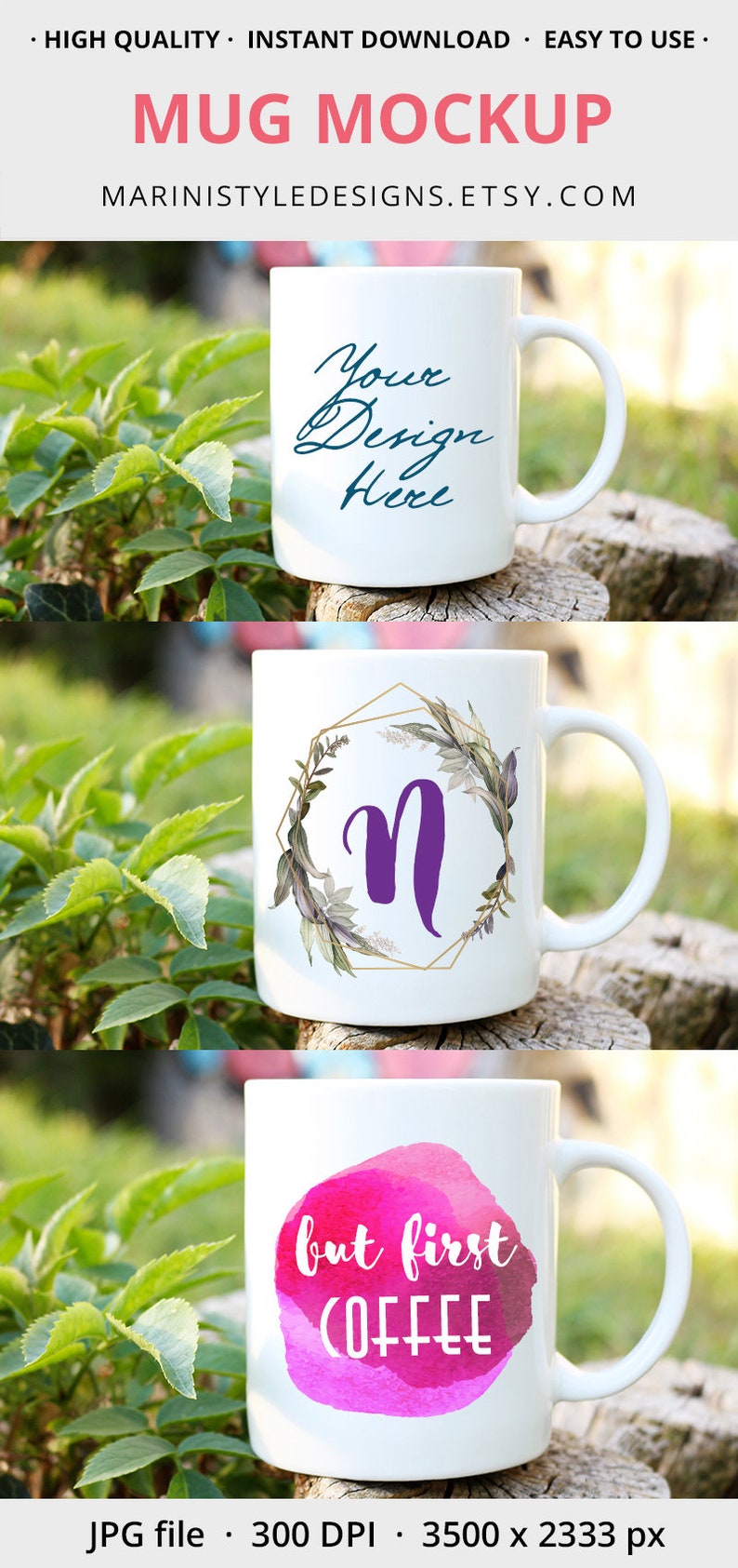 Puede incluir: Maqueta de taza de cer&aacute;mica blanca con tres dise&ntilde;os diferentes. La primera taza tiene el texto "Your Design Here". La segunda taza tiene la letra morada "n" dentro de una corona floral. La tercera taza tiene el texto "but first COFFEE" sobre un fondo de acuarela rosa.