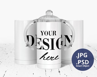 Straight Sippy Cup Mockup Full wrap, 3 Child Sippy Cup Mockup with lid, 12oz Stainless Steel Tumbler mockup, Sublimation Mug mockup PSD 1244
