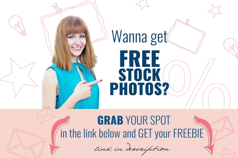 May include: A woman in a teal dress points to the text "FREE STOCK PHOTOS?" on a light pink background. The image includes decorative elements like stars, light bulbs, and envelopes. The text "GRAB YOUR SPOT" is also visible.