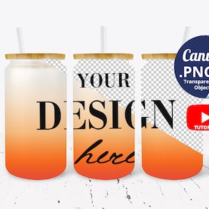 3 views Canva Mockup Orange Gradient Frosted Glass Can Full Wrap, 3 Ombre Frosted Libbey glass can mockup, Beer can glass mockup PNG 1382c