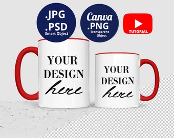 11oz & 15oz Mug red handle and rim mockup PSD PNG, Colored handle and rim Mug Mockup, optional color inside rim and handle Mug Mockup 1519