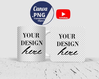 Podkładka i kubek mockup PNG Canva, kwadratowa podkładka i 11oz kubek mockup, biały kubek i podkładka mockup Canva png przezroczyste tło 1453c