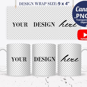 15oz Mug mockup 9x4 Full wrap view, Canva 15oz mug mockup with Full wrap, 3 Mugs View Mockup to overlay, 15oz Mug PNG mock up, 1344c