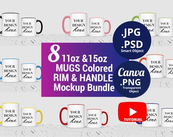 11oz & 15oz Mug color handle and rim inside Mockup Bundle, 11oz 15oz Mug Mockup optional color, Mug colored handle rim Mockup PSD 1525