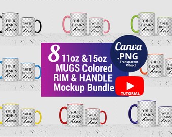 11oz & 15oz Mug color handle and rim inside Mockup Bundle, Canva PNG Mug Mockup optional color, Full wrap Mug Mockup Bundle PNG Canva 1525c