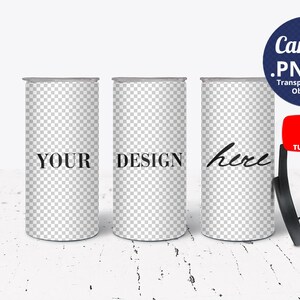 May include: Three cylindrical tumblers with silver lids, each featuring a transparent design area. Text on the tumblers reads "YOUR DESIGN here". A black stand and a Canva.PNG transparent object graphic are also visible.
