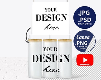 25oz Frosted Glass can Mockup & Full-wrap view board, Glass skinny tumblers mockup, Libbey glass can mockup, Beer can glass mockup PSD 1431