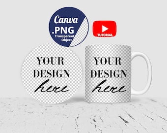 Okrągły podkładka i kubek mockup PNG Canva, okrągły podkładka i 11oz kubek mockup, biały kubek i podkładka mockup Canva png przezroczyste tło 1454c