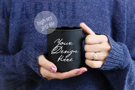 Black coffee mug Mockup, 11oz Black Mug Mock up, Black coffee cup Mockup, Stock Photo of Woman holding black mug with engagement ring, 858