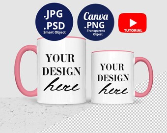 11oz & 15oz Mug blue handle and pink mockup PSD PNG, Colored handle and rim Mug Mockup, optional color inside rim and handle Mug Mockup 1523
