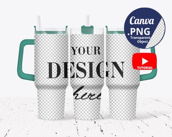 Full wrap 40oz Tumbler Mockup green lid and handle, 3 40oz Tumblers Mockup transparent background, Canva Mockup PNG transparent, 1532c
