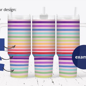 May include: Three clear tumblers with a rainbow striped design. The tumblers have a handle and a lid with a straw. The text "3 areas to add your design: TOP MIDDLE & BOTTOM" is visible on the left side of the image. The text "example" is visible on the right side of the image.