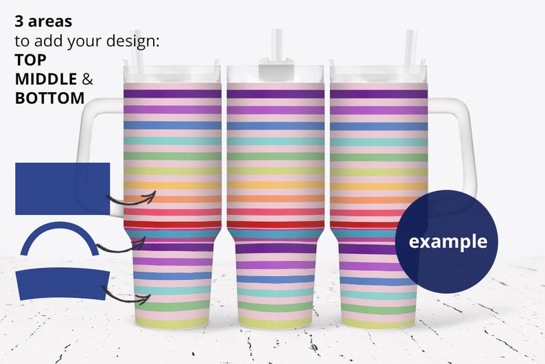 May include: Three clear tumblers with a rainbow striped design. The tumblers have a handle and a lid with a straw. The text "3 areas to add your design: TOP MIDDLE & BOTTOM" is visible on the left side of the image. The text "example" is visible on the right side of the image.