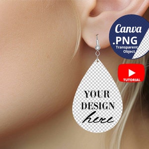 Caucasian Woman with teardrop earring Mockup PNG Canva, Woman wearing drop earrings mockup, 2-inch teardrop earring on ear Mockup, 1430c
