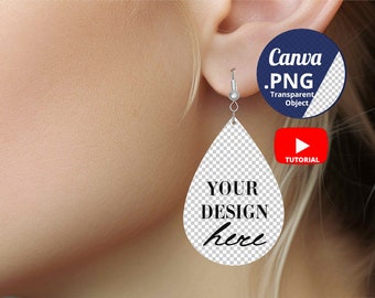 Caucasian Woman with teardrop earring Mockup PNG Canva, Woman wearing drop earrings mockup, 2-inch teardrop earring on ear Mockup, 1430c