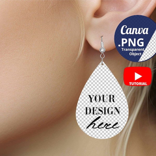 Caucasian Woman with teardrop earring Mockup PNG Canva, Woman wearing drop earrings mockup, 2-inch teardrop earring on ear Mockup, 1430c