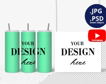 Glow in the dark Skinny Tumbler & Full wrap view Mockup, 3 20oz Skinny Tumbler and Wrap board Mockup Glow in the dark, PSD Smart Object 1539