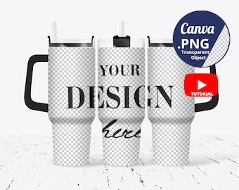 Full wrap 40oz Tumbler Mockup black lid and handle, 3 40oz Tumblers Mockup transparent background, Canva Mockup PNG transparent, 1529c