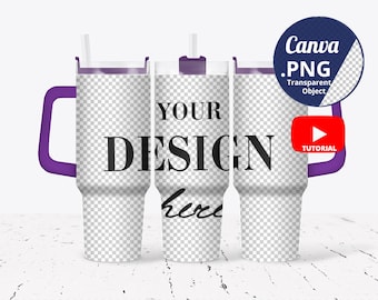 Full wrap 40oz Tumbler Mockup purple lid and handle, 3 40oz Tumblers Mockup transparent background, Canva Mockup PNG transparent, 1531c