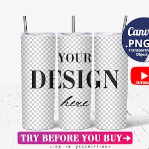 20oz Skinny Tumbler Mockup per Canva, Full wrap Skinny Tumbler Mockup sfondo trasparente, 3 Tumblers Mockup PNG per sovrapporre il design 1225c