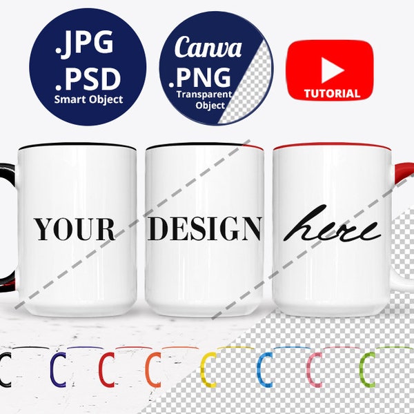 15oz Mug color handle & rim inside Mockup Bundle, Full wrap 3 Mugs Mockup optional color, Full view 15 oz Mug Mockup Bundle PSD PNG 1491