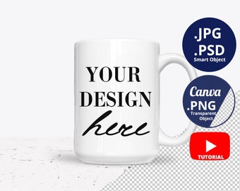 Maquette de tasse de 15 oz, maquette de tasse unique, maquette de tasse vierge de 11 oz, maquette de tasse blanche Canva PNG transparent, arrière-plan modifiable Smart Object PSD 1460