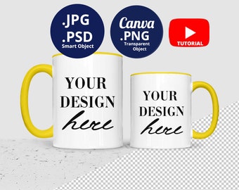 11oz & 15oz Mug yellow handle and rim mockup PSD PNG, Colored handle and rim Mug Mockup, optional color inside rim handle Mug Mockup 1521